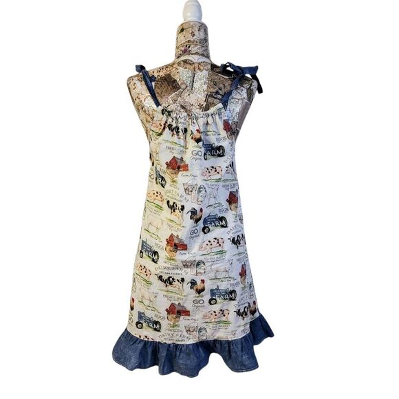 Dress Handmade Country Farm Animal Print  Denim Ruffle Hem & Shoulder Sundress - Picture 6 of 8